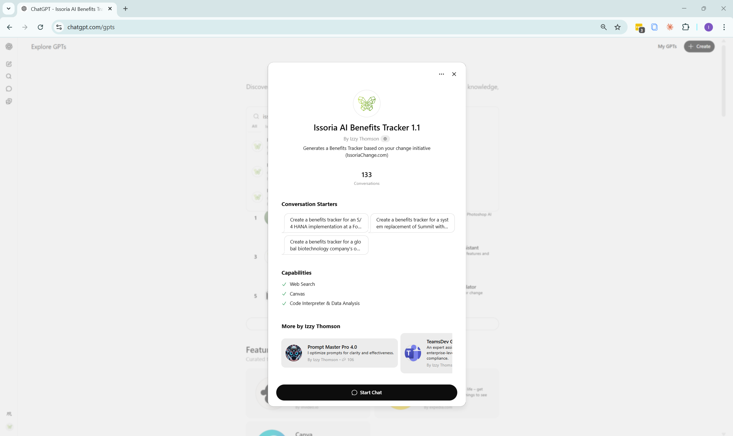 Early ChangeAble custom GPTs including Issoria AI Benefits Tracker 1.1, Prompt Master Pro, and TeamsDev.