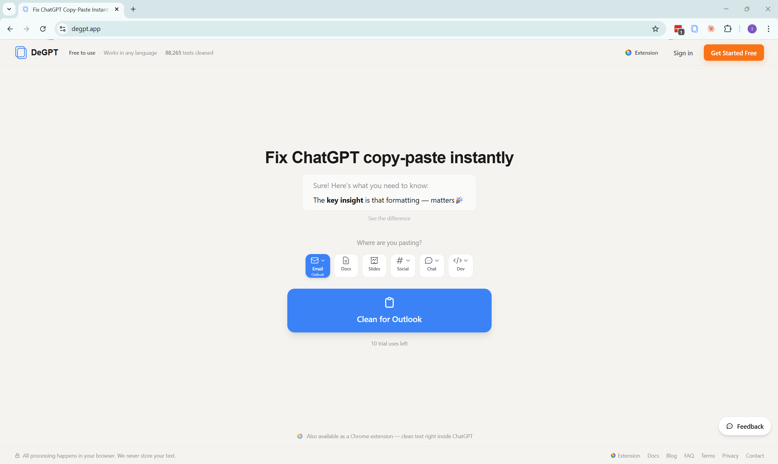 DeGPT landing page showing one-click formatting cleanup for ChatGPT copy-paste.