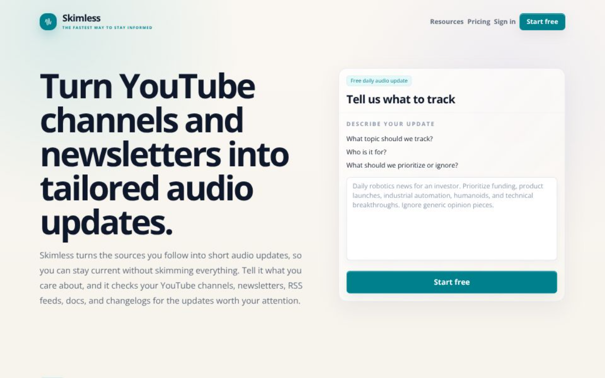 Skimless landing page showing tailored audio updates from sources you follow.